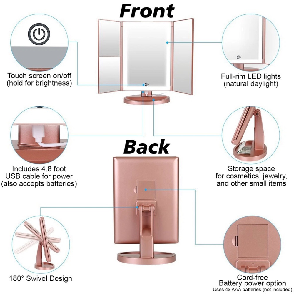 Makeup 3 Panel Vanity Mirror with LED
Lights, 1x 2x 3x Magnification, Dimmable - Picture 9 of 10